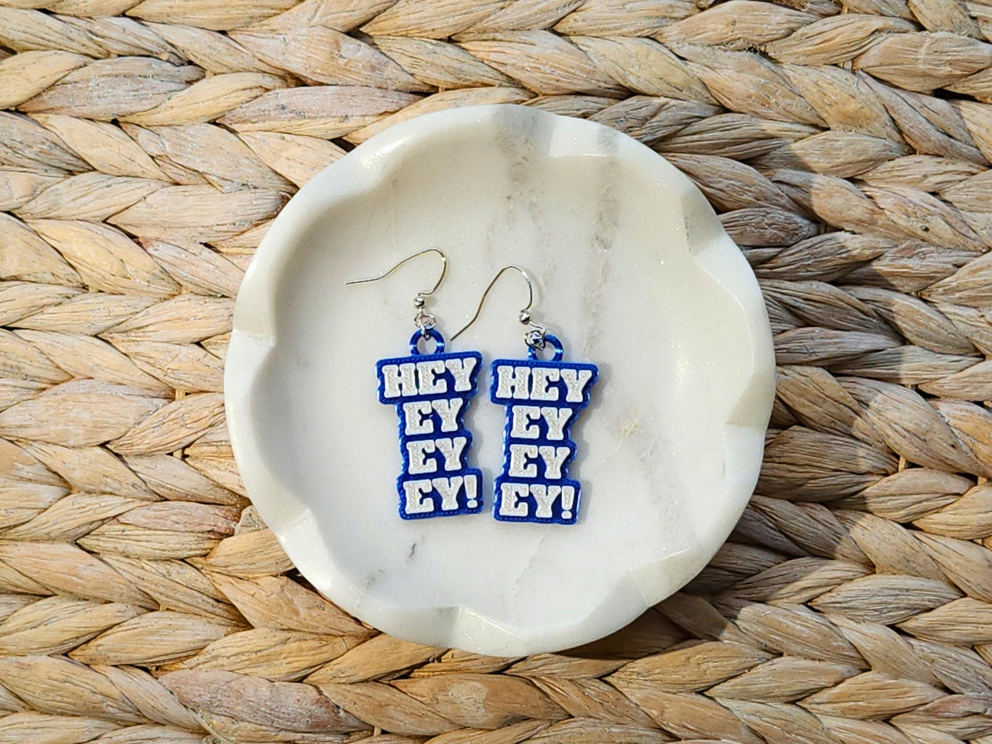 Blue Buffalo Bills inspired “Hey Ey Ey Ey” 3D printed earrings – handmade football fan accessories perfect for game day tailgates.