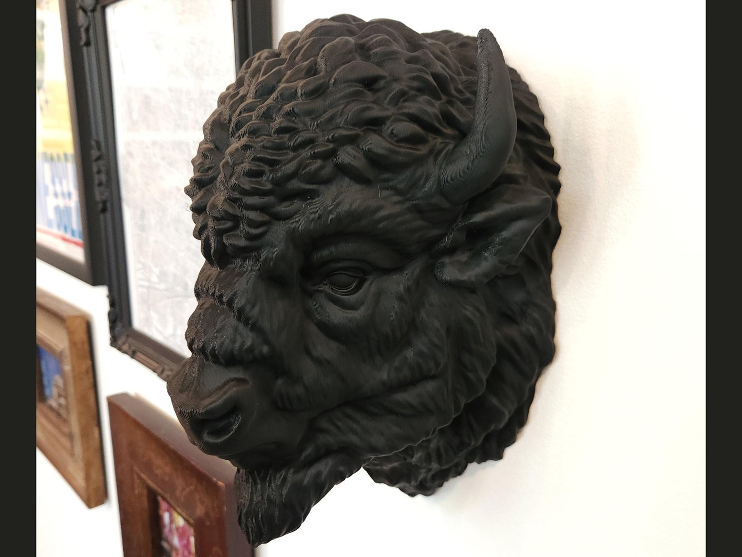 Side view of the mounted black 3D printed buffalo head on an indoor gallery wall, surrounded by picture frames, highlighting its depth and realism.”