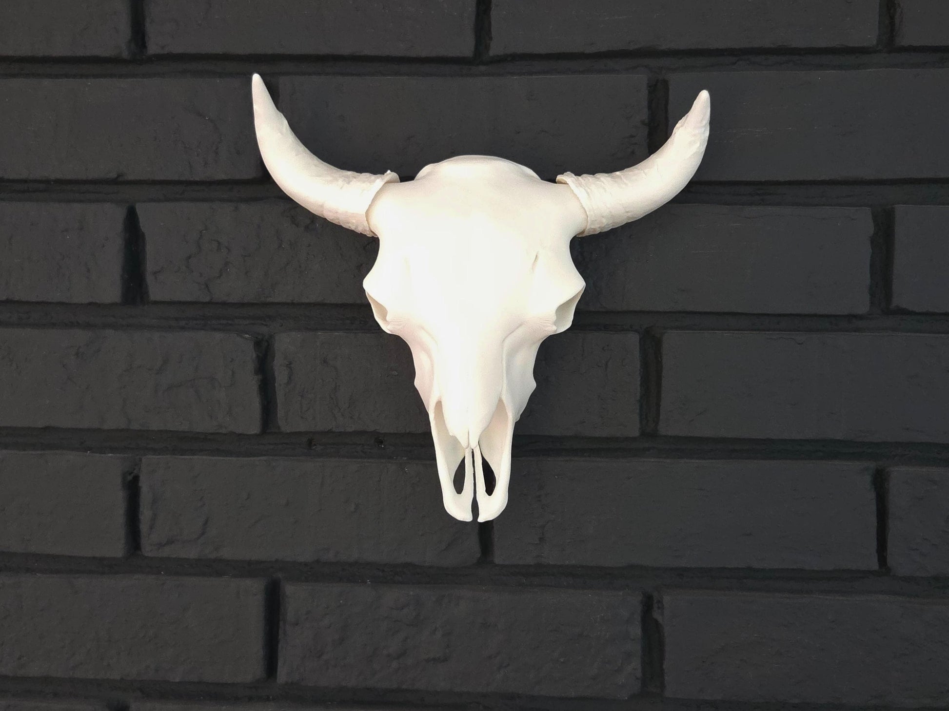 A white bison skull is hung on a black brick wall, showcasing ornate details.
