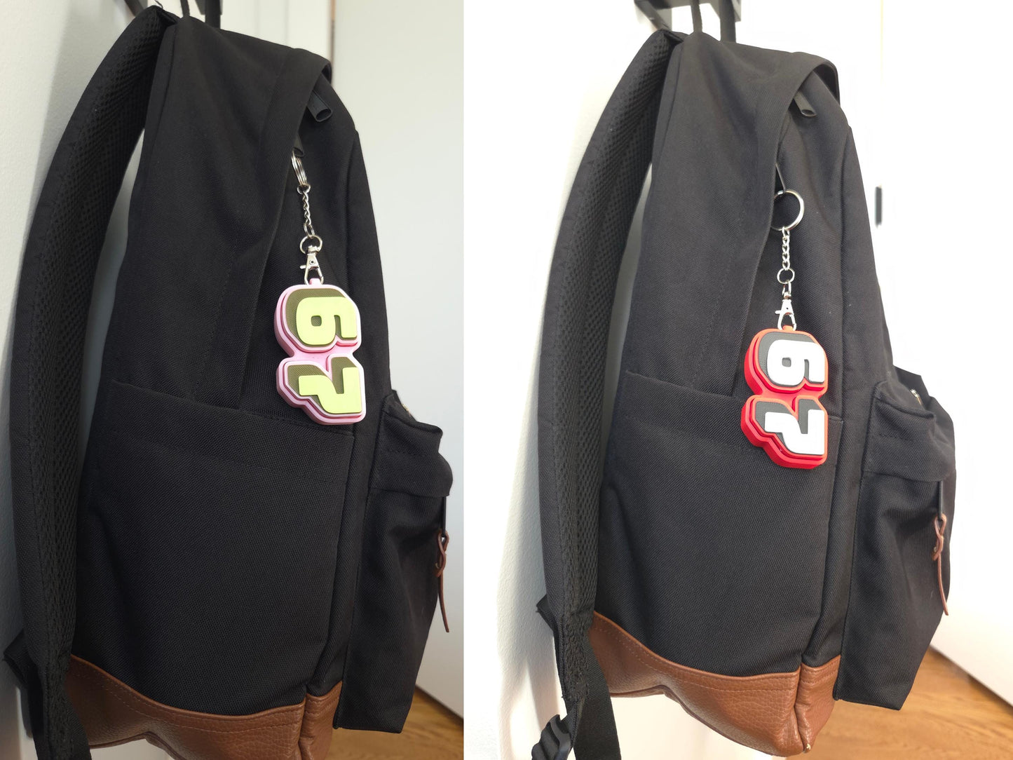 Picture of a red and tan and a pink and green fidget clicker keychain featuring the viral 67 meme on a black backpack.