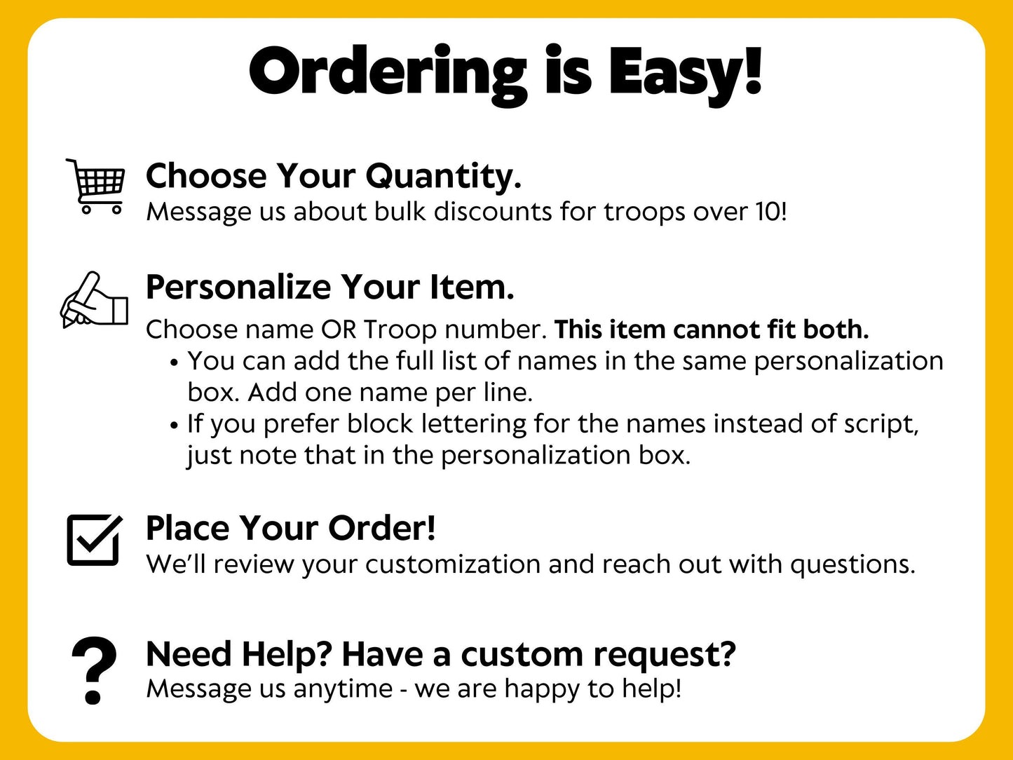 Instructions for how to order personalized scout fidget keychains are outlined. Choose quantity, personalize the item (choose either name or troop, not both) and place the order. Contact the seller with questions.