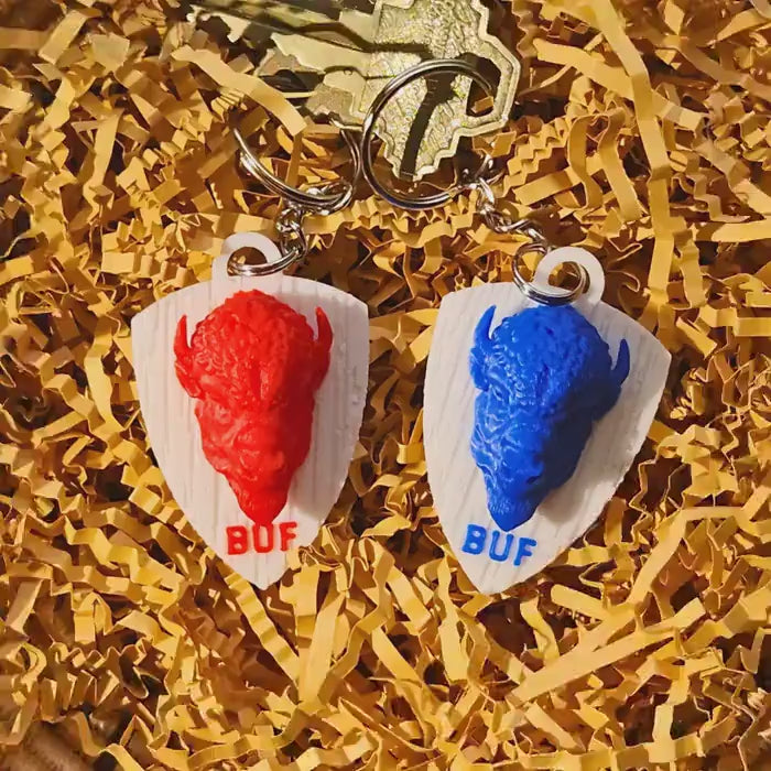 Buffalo Keychain | 3D Red or Blue Bison Head on Faux Wood Shield | BUF Keyring