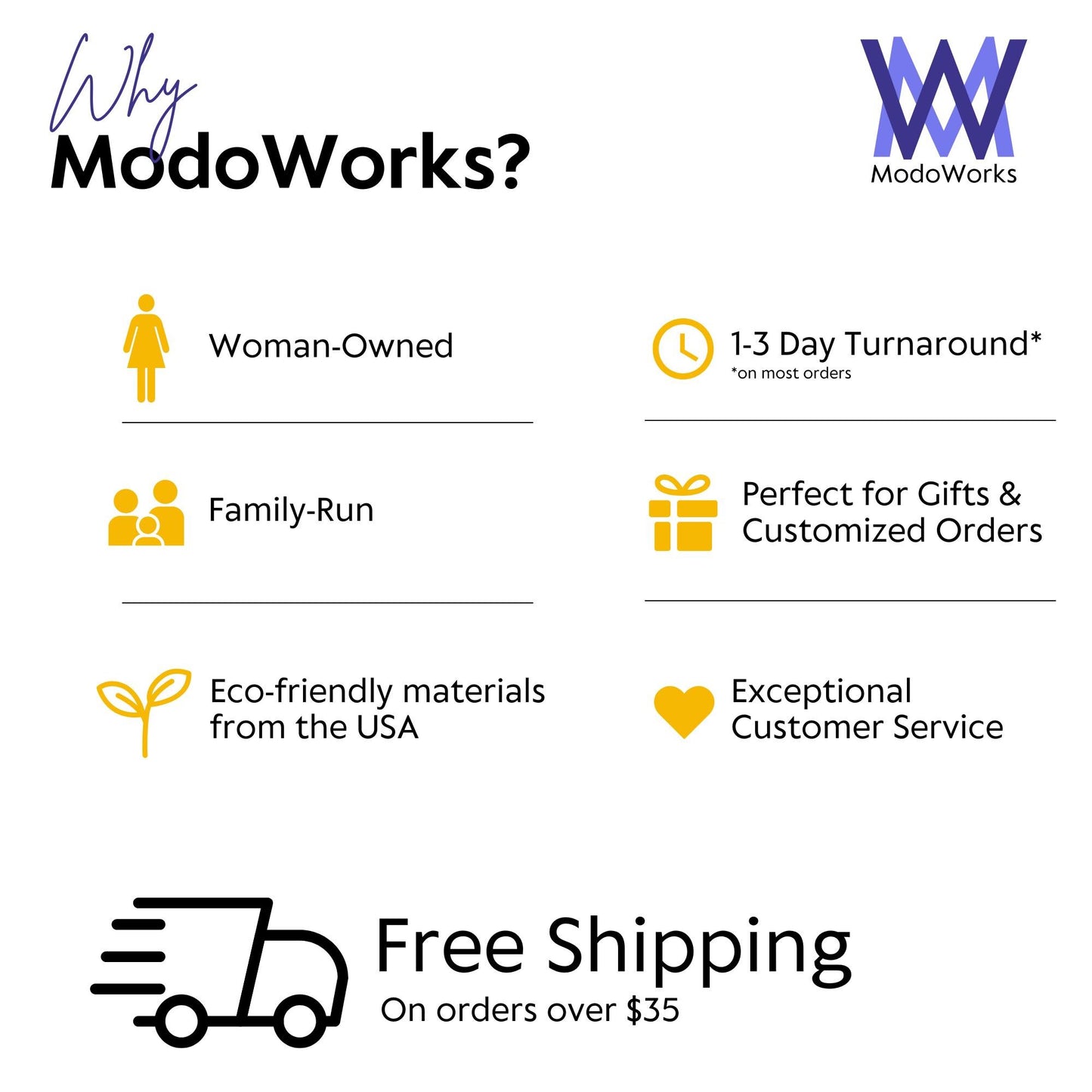 Graphic highlighting ModoWorks&#39; values: woman-owned, family-run, eco-friendly, fast shipping, and free shipping over $35.