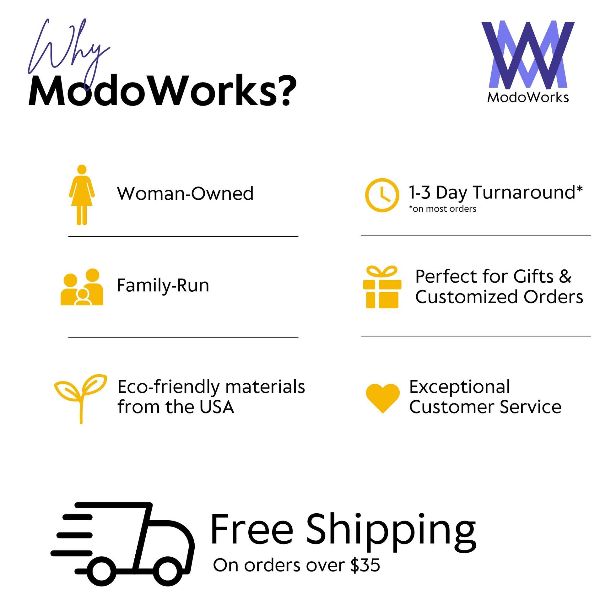 Graphic highlighting ModoWorks&#39; values: woman-owned, family-run, eco-friendly, fast shipping, and free shipping over $35.