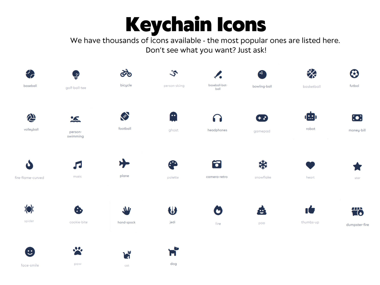 Icon options for the personalized keychain that is also a fidget toy.