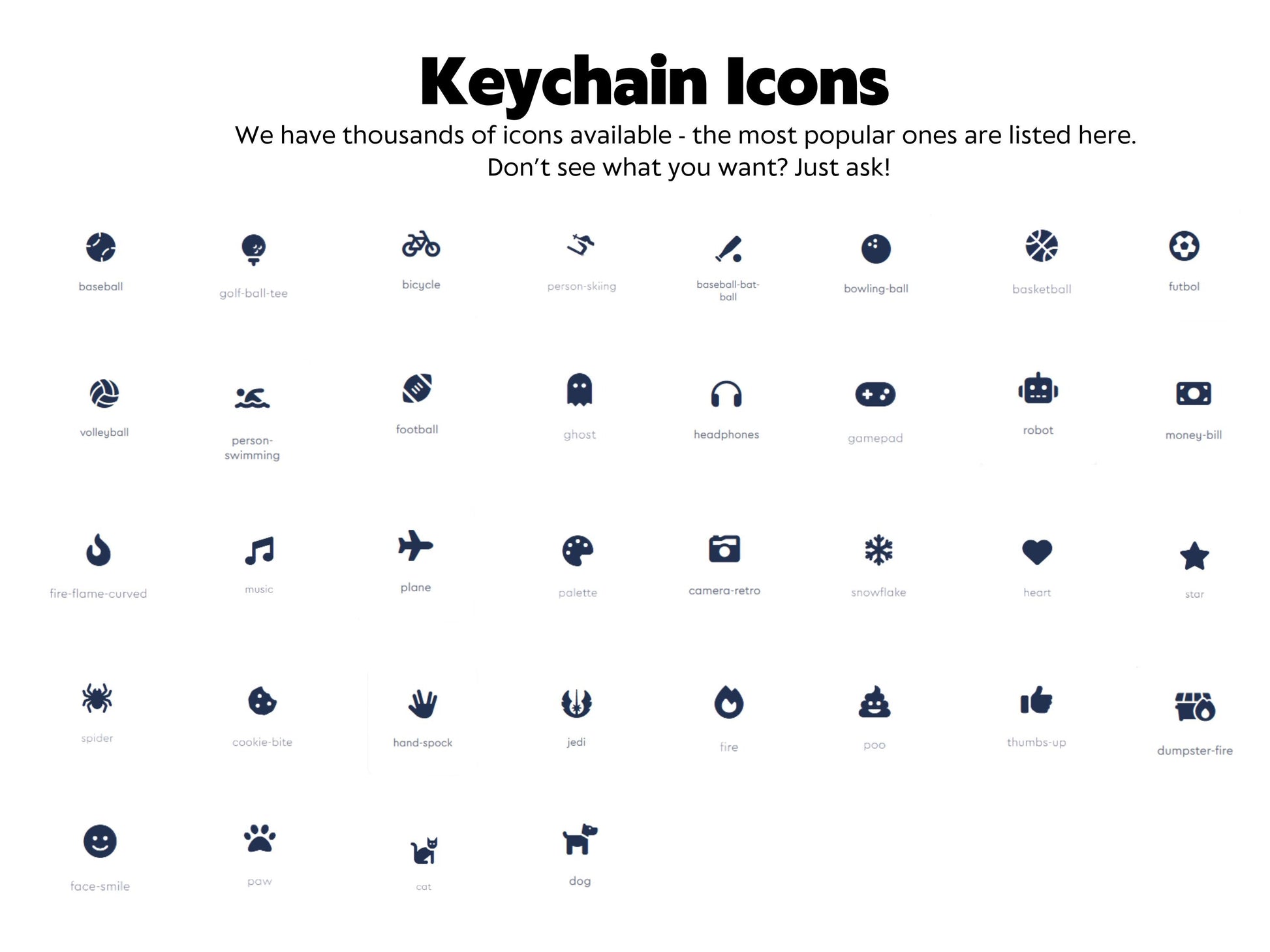 Icon options for the personalized keychain that is also a fidget toy.