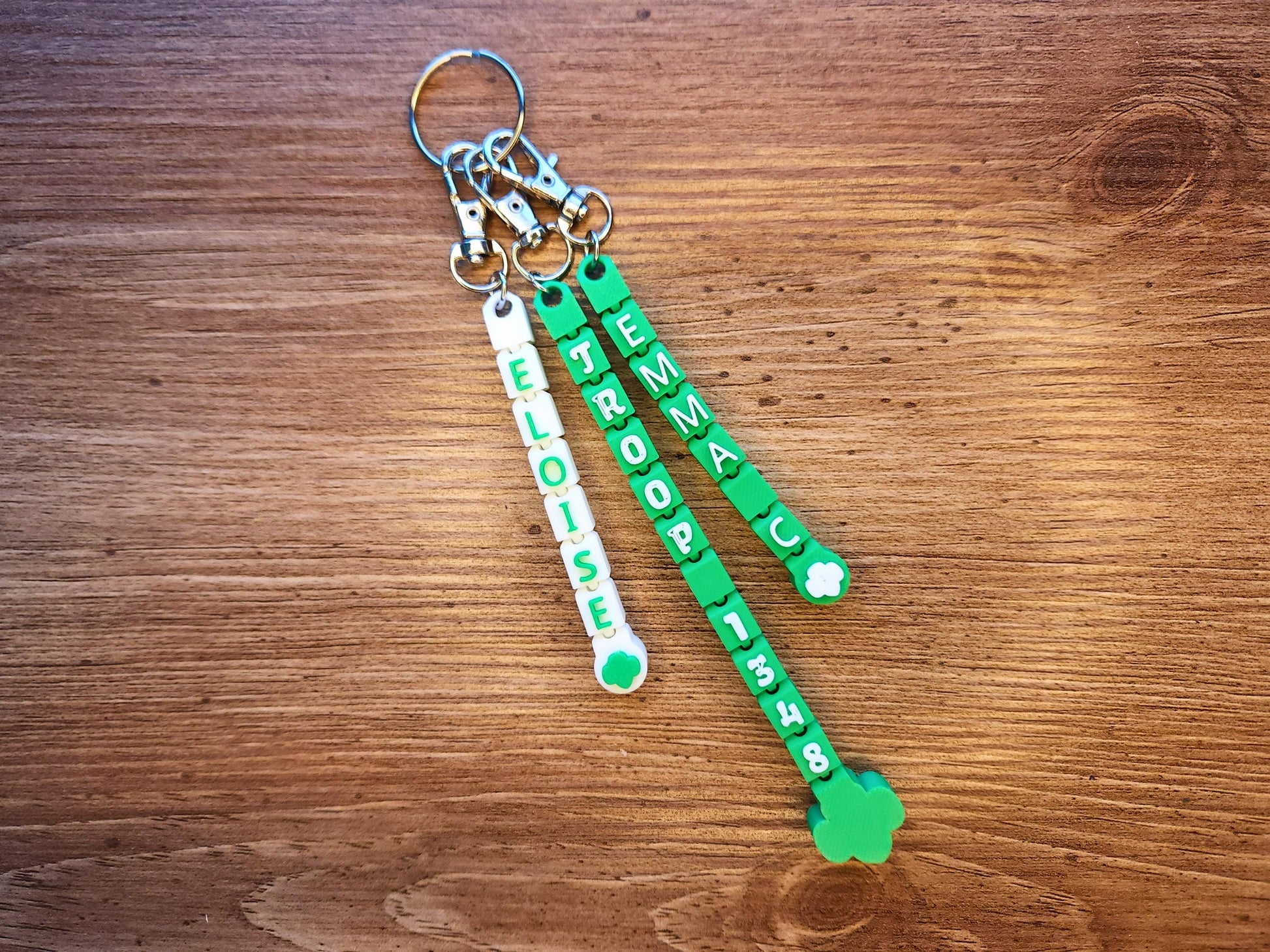 Set of three girl scout Keychains, customized with name and troop number