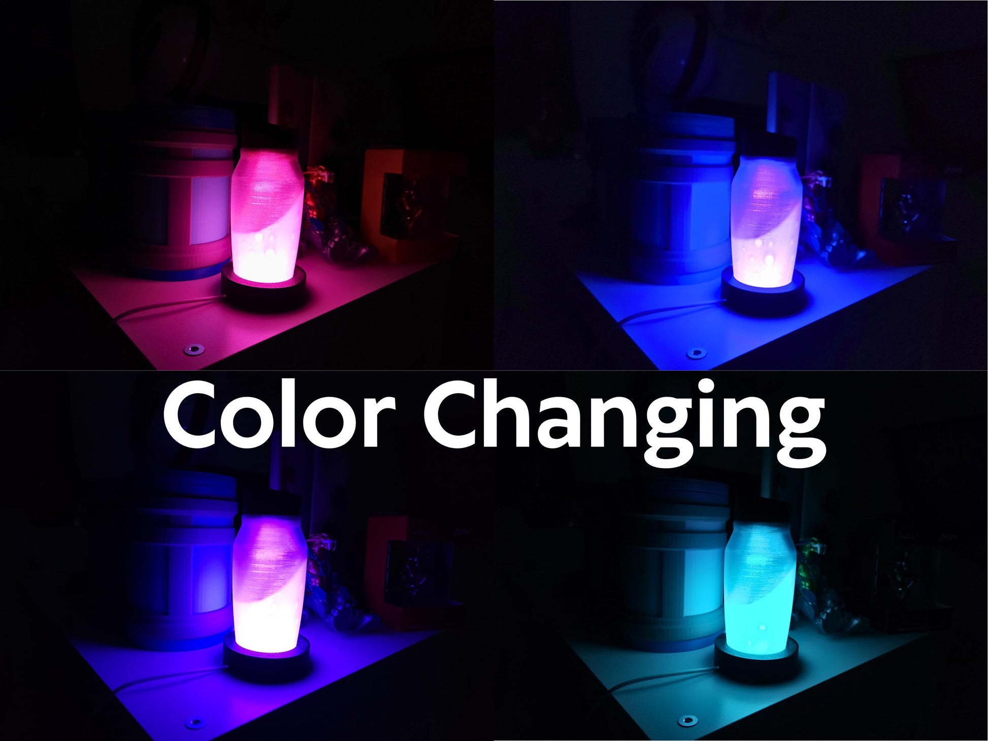 A collage of a color-changing potion bottle lamp glowing in different shades of pink, blue, purple, and teal on a dark shelf. Text overlay reads &quot;Color Changing.&quot;