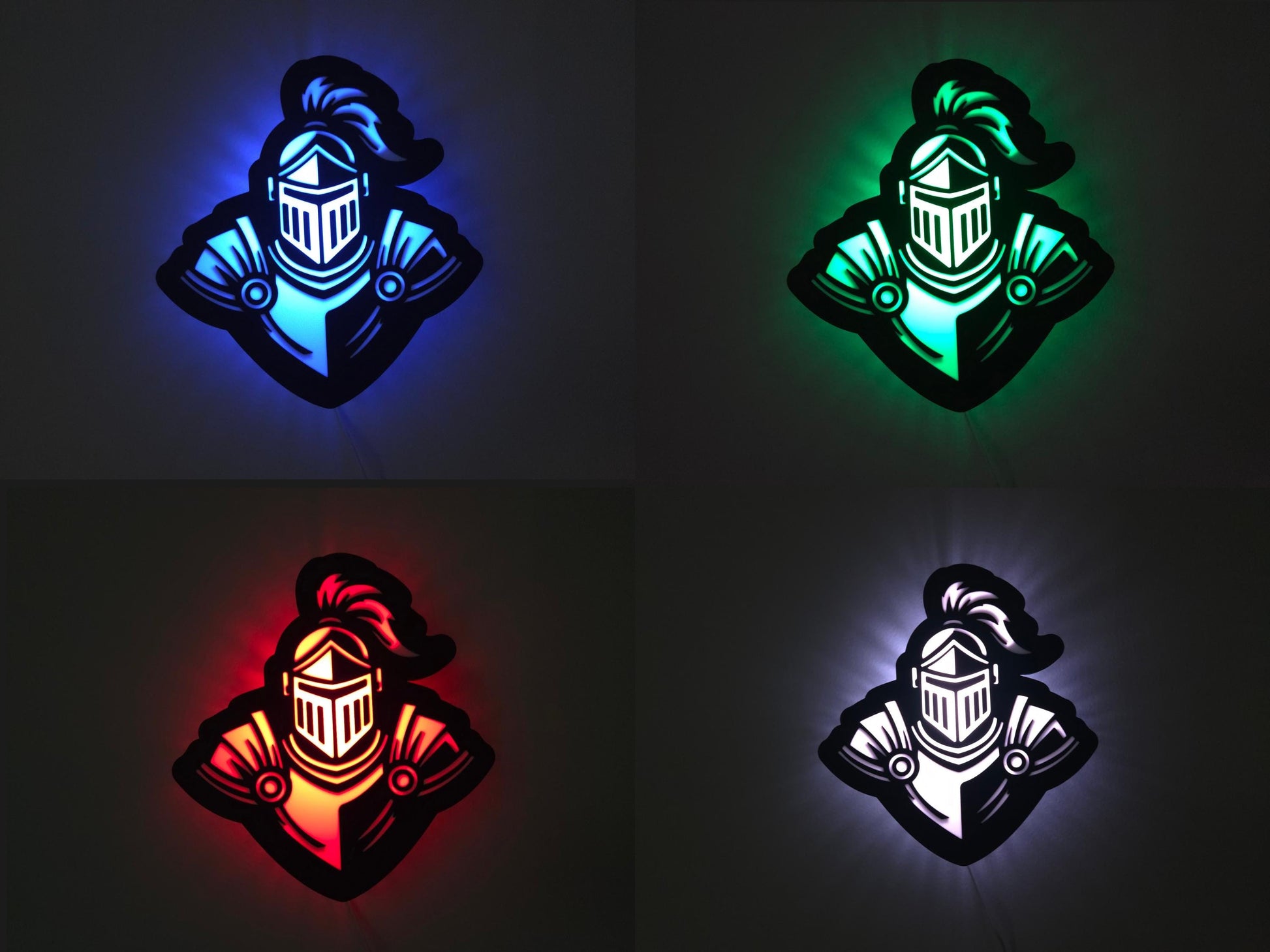 The knight lamp is shown illuminated in four colors: white, red, green and blue on a wall with the lights off.