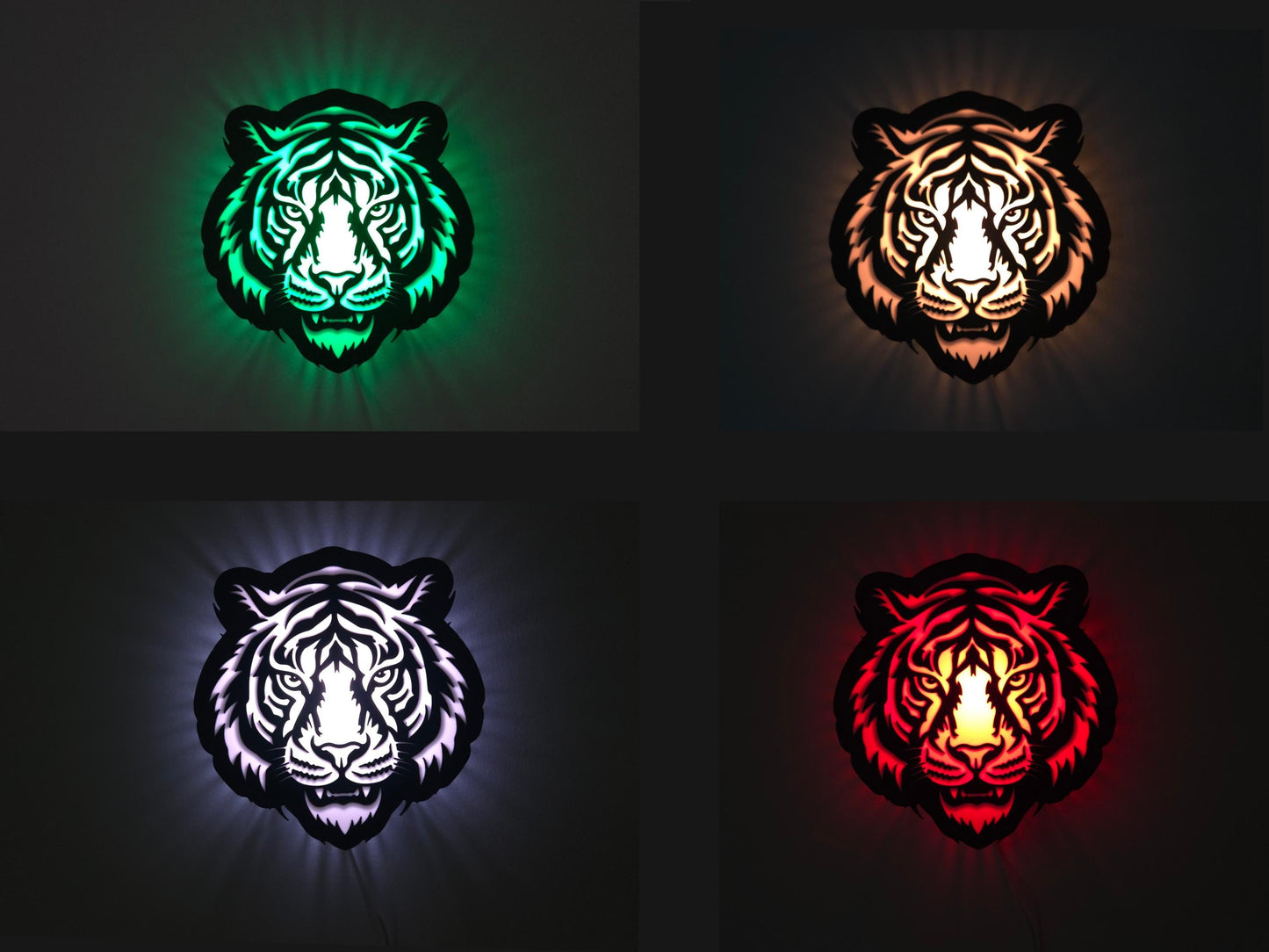 The tiger lamp is shown illuminated in four colors: white, red, green and orange on a wall with the lights off.