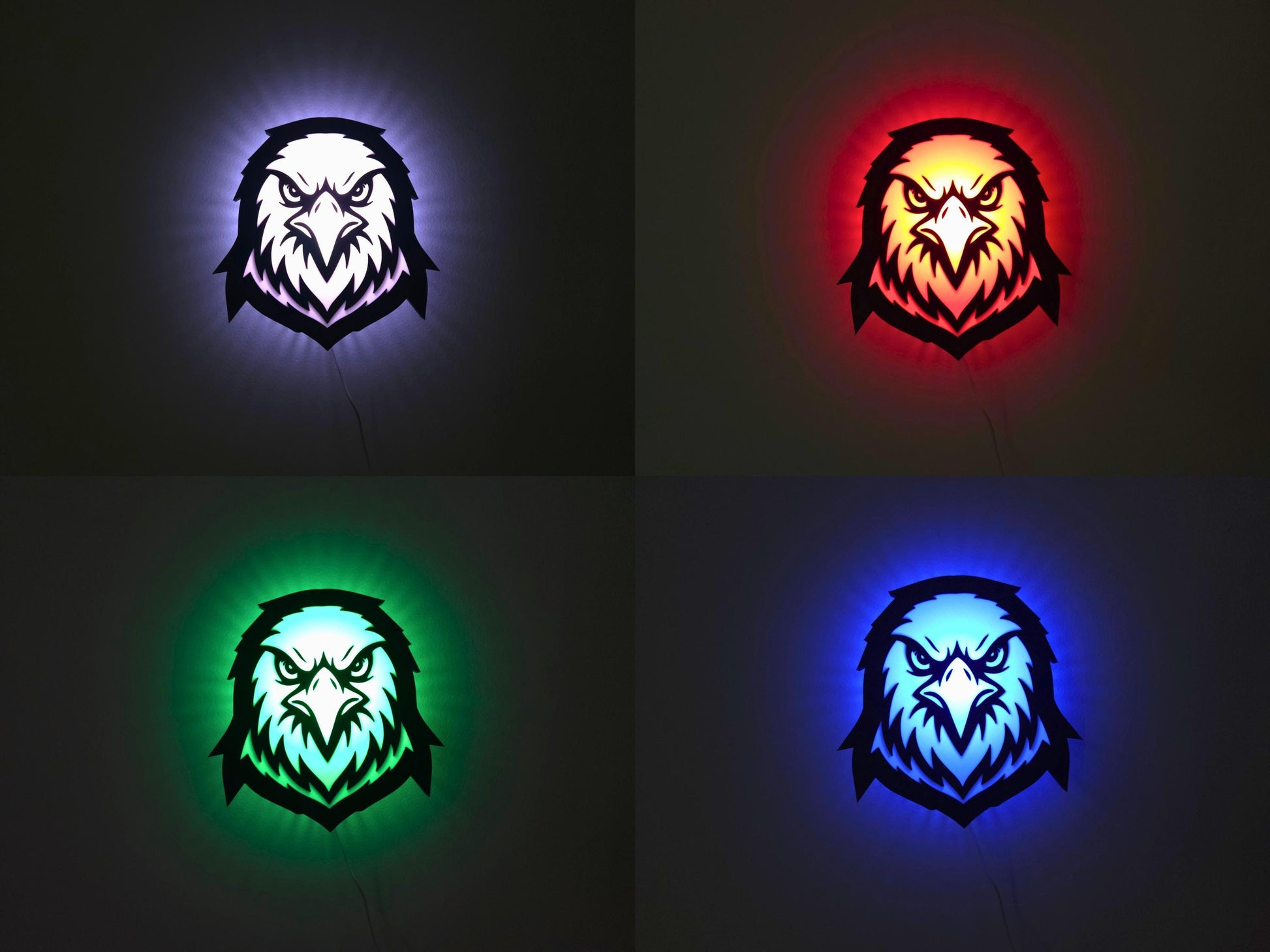 The eagle, hawk or falcon lamp is shown illuminated in four colors: white, red, green and blue on a wall with the lights off.