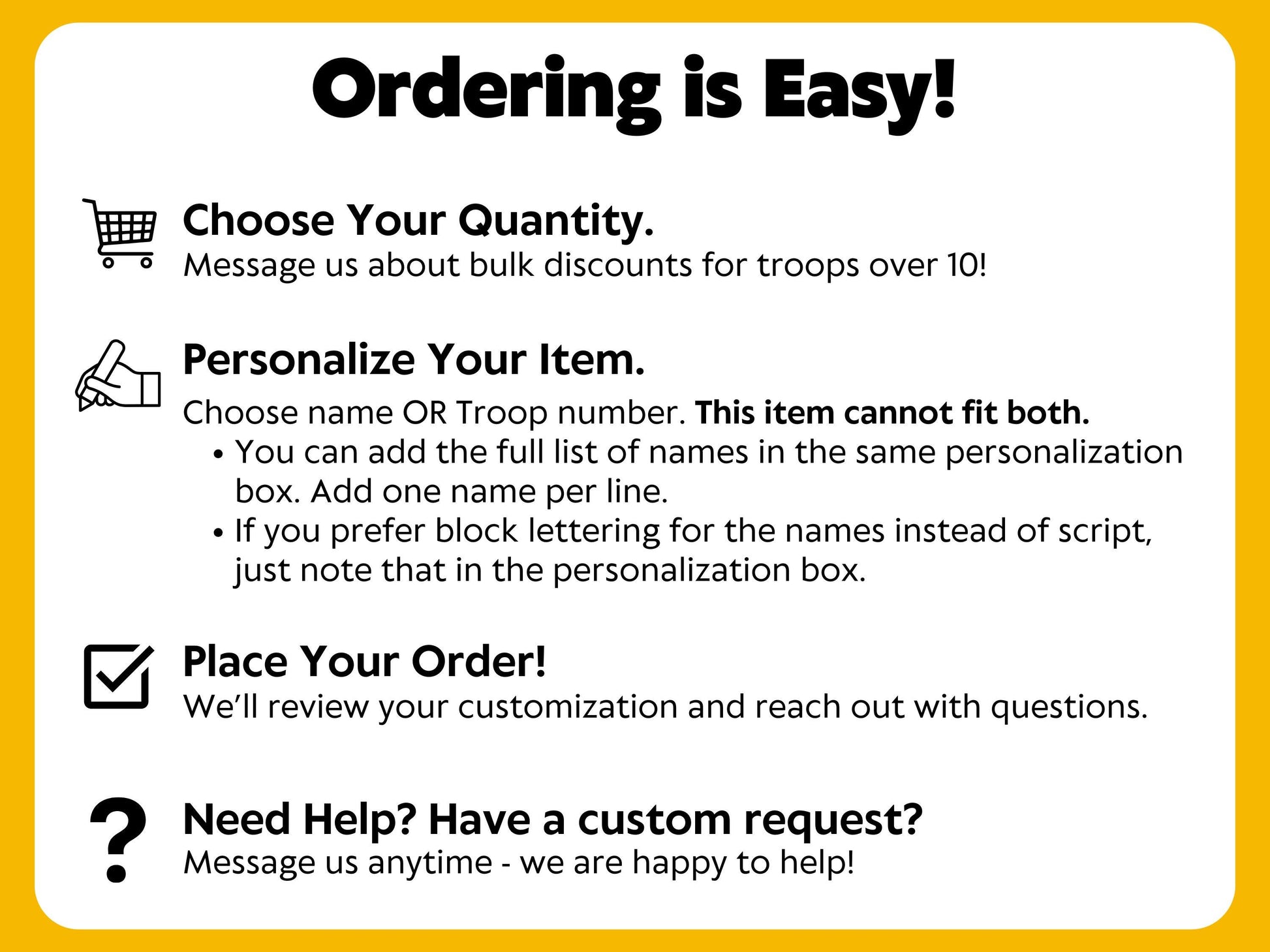 Instructions for how to order personalized scout fidget keychains are outlined. Choose quantity, personalize the item (choose either name or troop, not both) and place the order. Contact the seller with questions.