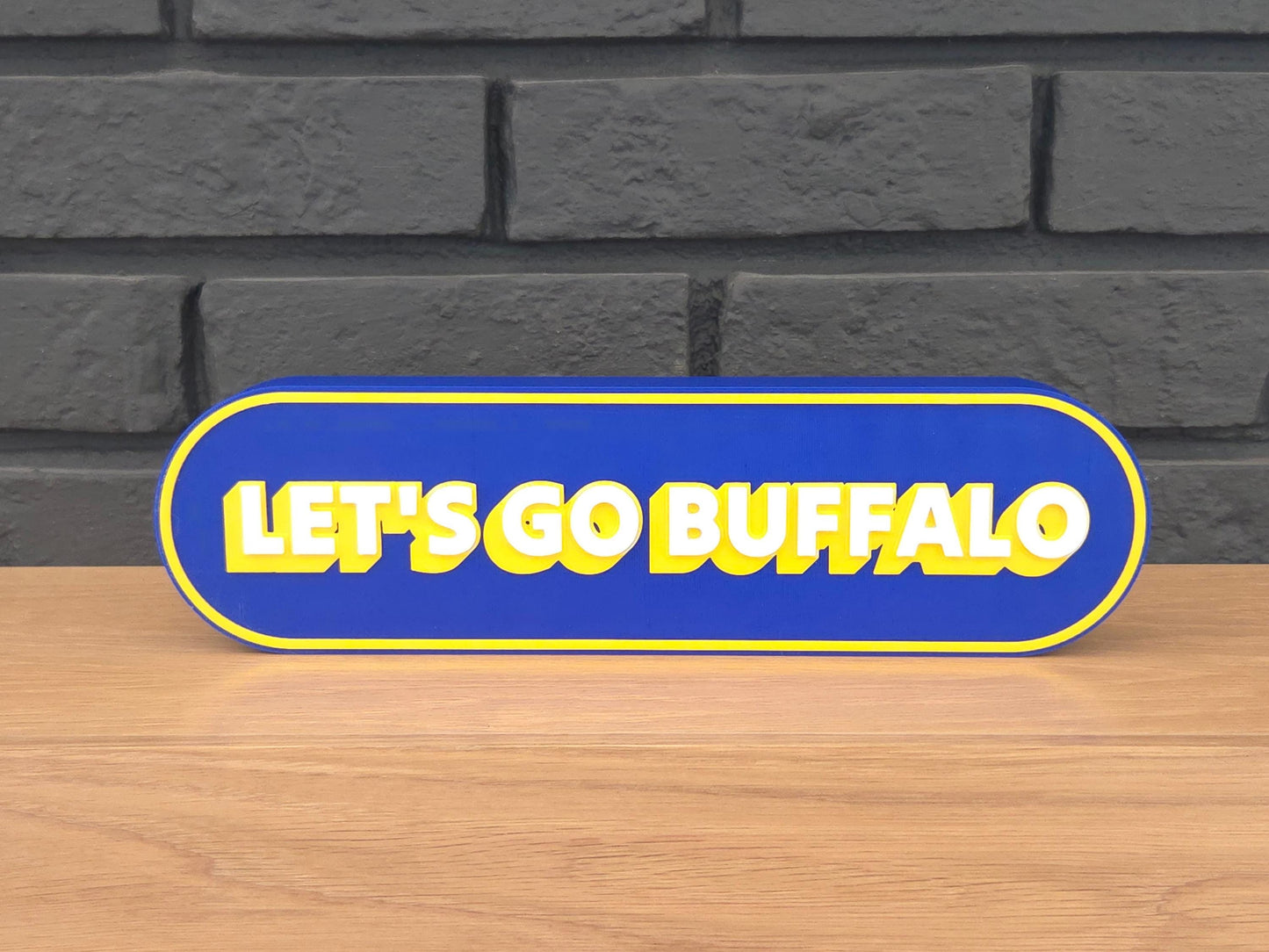 3D printed Let's Go Buffalo sign in blue and yellow — Buffalo hockey fan home decor