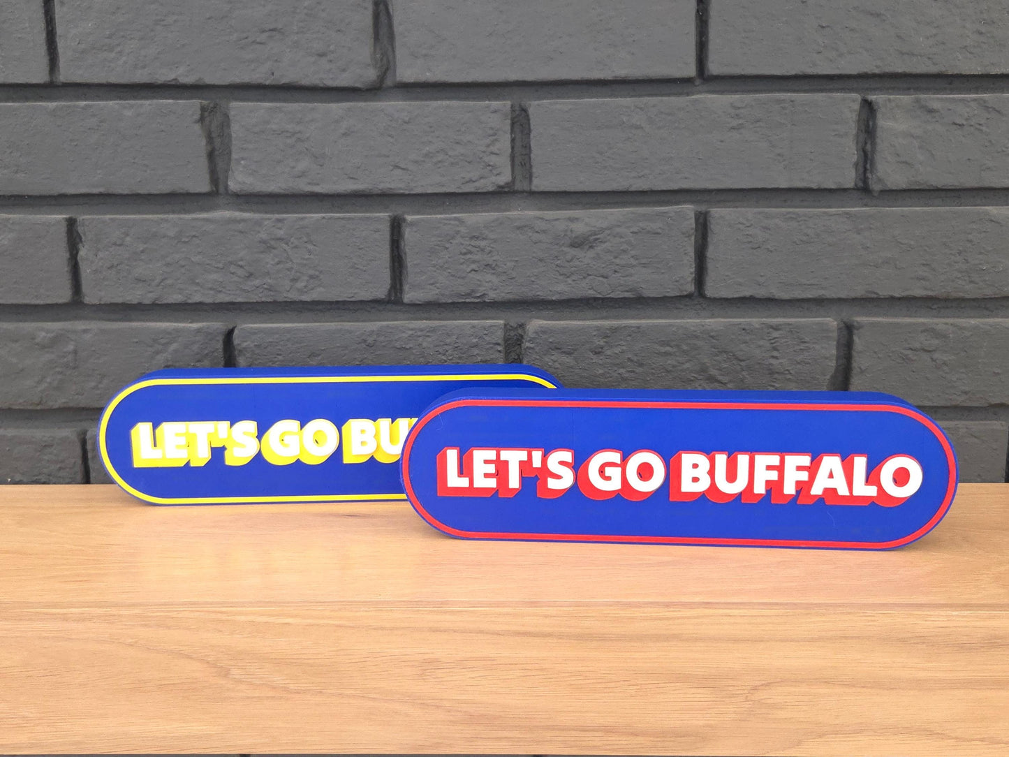 Let's Go Buffalo 3D printed signs in two colorways — blue and yellow or blue and red — Buffalo fan wall decor for hockey or football fans
