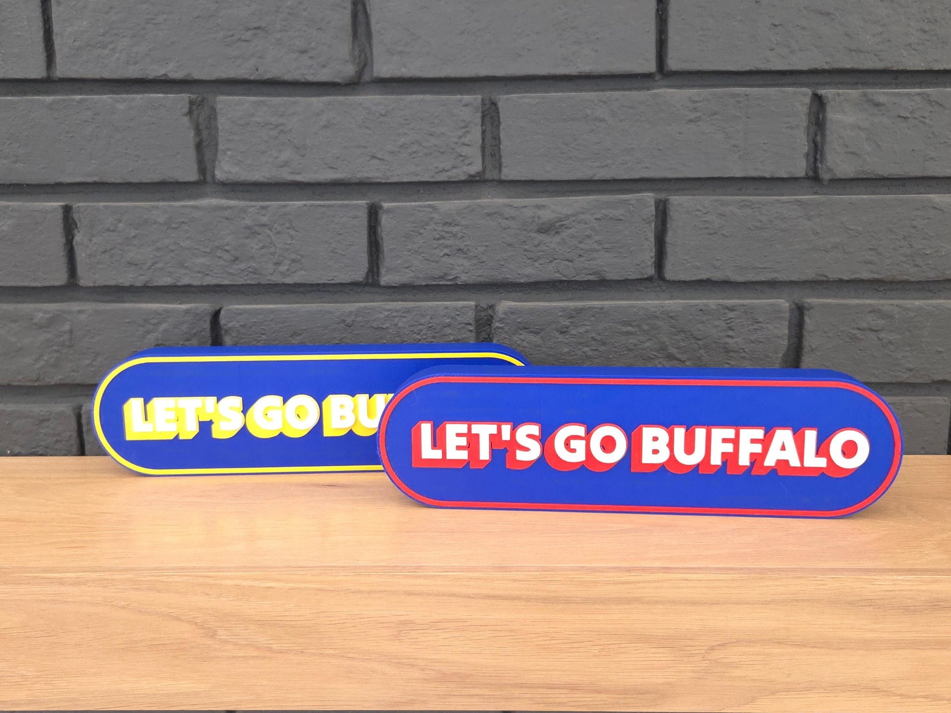 Let's Go Buffalo 3D printed signs in two colorways — blue and yellow or blue and red — Buffalo fan wall decor for hockey or football fans