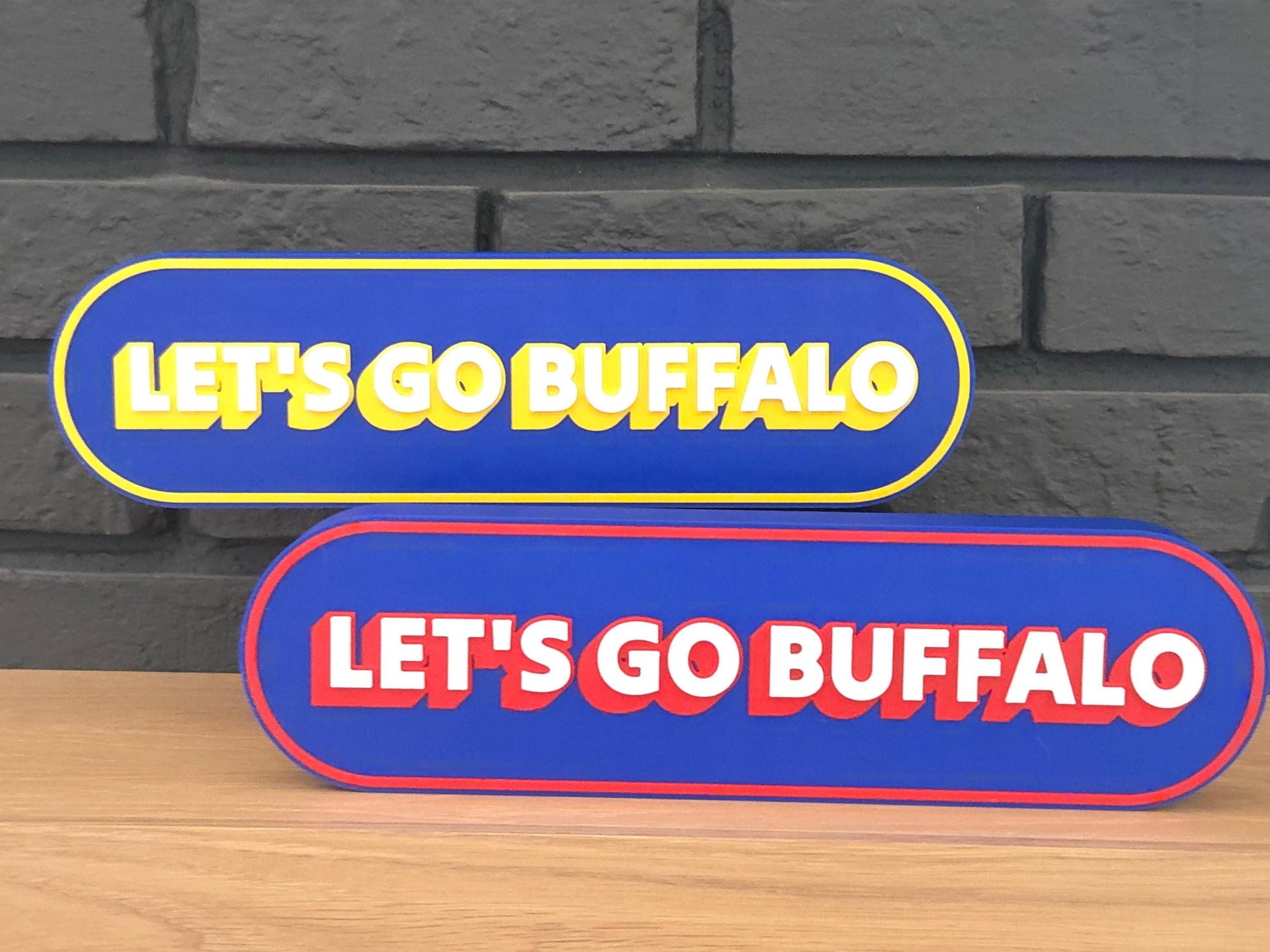 Let's Go Buffalo 3D printed signs — blue and yellow and blue and red colorways — Buffalo football or hockey fan decor and gift idea