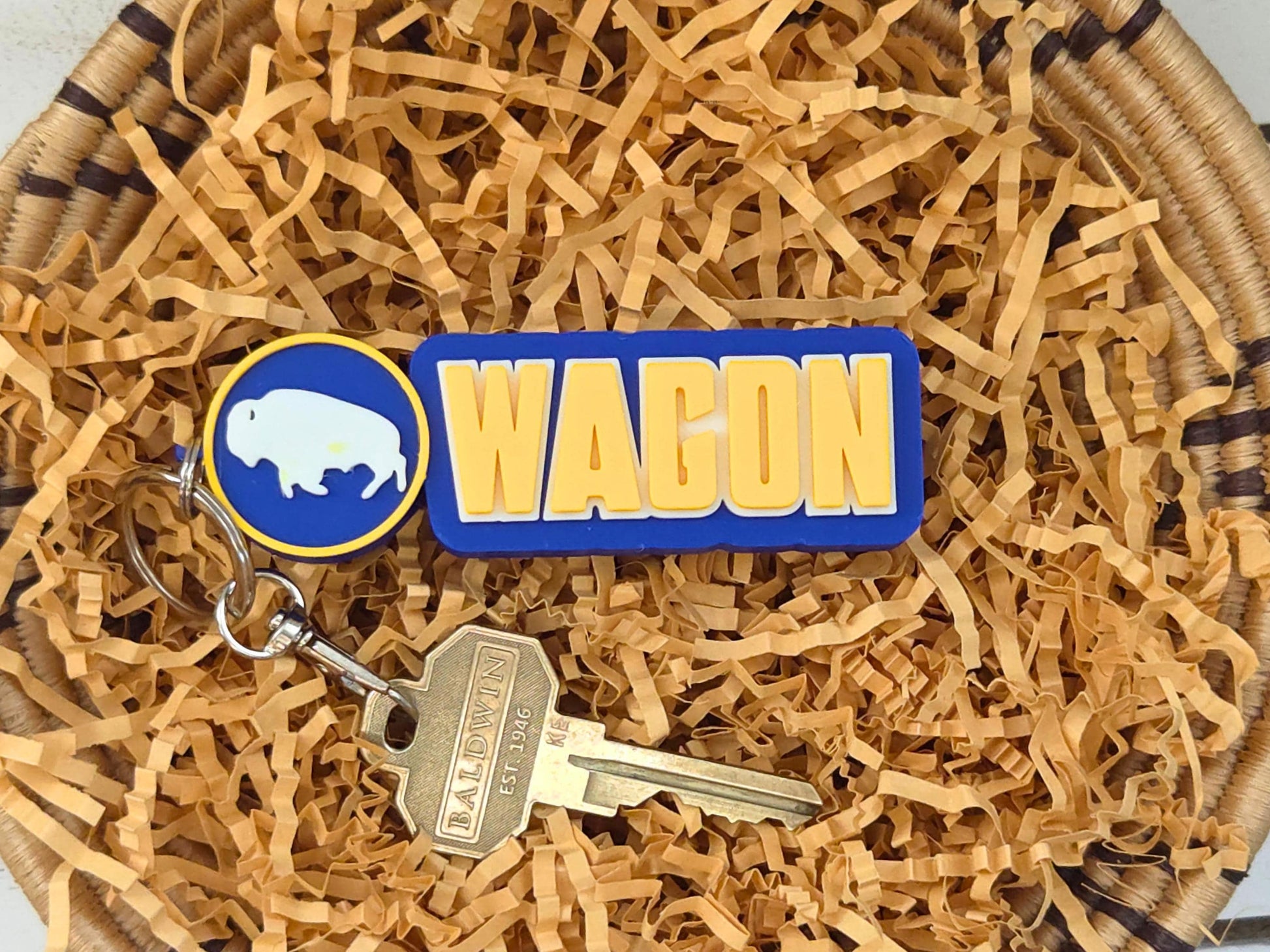 Buffalo Hockey Wagon | Chunky Blue and Yellow Keychain or Bag Tag